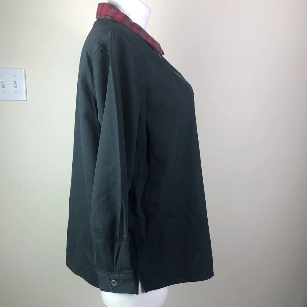 Vintage Zipper Front Light Jacket Black Denim Plaid Collar